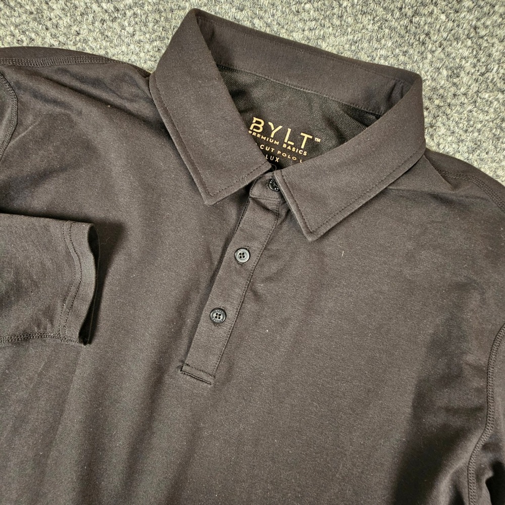 BYLT Premium Basics Drop Cut Polo LS Lux Black Mens Medium‎ Long Sleeve Shirt